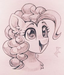 Size: 1738x2048 | Tagged: safe, artist:trickate, character:pinkie pie, species:earth pony, species:pony, bust, cute, diapinkes, ear fluff, female, monochrome, portrait, simple background, sketch, smiling, solo, traditional art, white background