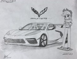 Size: 2580x1990 | Tagged: safe, artist:forzaveteranenigma, character:applejack, fanfic:equestria motorsports, my little pony:equestria girls, car, chevrolet, chevrolet corvette, corvette, corvette c8, general motors, racing suit, supercar, traditional art