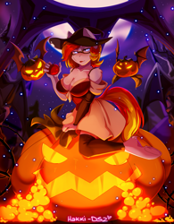 Size: 2457x3145 | Tagged: safe, artist:hakkids2, oc, oc:alter ego, species:anthro, species:earth pony, species:pony, clothing, full moon, glasses, moon, night, pumpkin, stars, witch, ych result