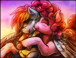 Size: 1276x981 | Tagged: safe, artist:bantha, edit, character:pinkie pie, character:rainbow dash, species:earth pony, species:pegasus, species:pony, clothing, cute, duo, duo female, explicit source, eyes closed, female, hooves, hug, mare, nuzzling, one eye closed, squishy cheeks, sunset, uniform, unshorn fetlocks, winghug, wonderbolt trainee uniform