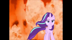 Size: 1366x768 | Tagged: safe, artist:westrail642fan, edit, character:starlight glimmer, species:pony, species:unicorn, episode:the ending of the end, g4, my little pony: friendship is magic, atomic train, cool guys don't look at explosions, explosion, female, frown, lidded eyes, mare, starlight glimmer in places she shouldn't be, walking away from explosion, windswept mane
