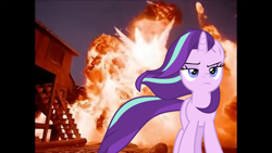 Size: 1366x768 | Tagged: safe, artist:westrail642fan, edit, character:starlight glimmer, species:pony, species:unicorn, episode:the ending of the end, g4, my little pony: friendship is magic, atomic train, badass, cool guys don't look at explosions, explosion, female, frown, lidded eyes, mare, starlight glimmer in places she shouldn't be, walking away from explosion, windswept mane