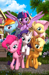 Size: 2160x3336 | Tagged: safe, artist:muhjob, character:applejack, character:bon bon, character:fluttershy, character:lyra heartstrings, character:pinkie pie, character:rainbow dash, character:rarity, character:starlight glimmer, character:sweetie drops, character:trixie, character:twilight sparkle, character:twilight sparkle (alicorn), species:alicorn, species:earth pony, species:pegasus, species:pony, species:unicorn, 3d, applejack's hat, bench, clothing, colored eyebrows, cowboy hat, end of ponies, eyeshadow, female, flying, group, happy birthday mlp:fim, hat, horn, makeup, mane six, mare, mlp fim's ninth anniversary, park bench, ponyville, rearing, revamped ponies, smiling, source filmmaker, tongue out, wings