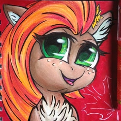Size: 894x894 | Tagged: safe, artist:gleamydreams, oc, oc only, oc:faunia, species:earth pony, species:pony, bust, chest fluff, ear floof, flower, flower in hair, freckles, green eyes, looking at you, maple leaf, orange hair, redhead, simple background, smiling, smiling at you, solo, traditional art