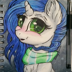 Size: 1732x1732 | Tagged: safe, artist:gleamydreams, oc, oc only, oc:gleamy, species:pony, species:unicorn, blue hair, blushing, chest fluff, clothing, ear fluff, female, freckles, green eyes, looking at you, mare, scarf, simple background, smiling, snow, solo, traditional art