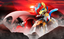 Size: 4000x2480 | Tagged: safe, artist:dormin-dim, oc, oc only, oc:starflame blood, species:pony, armor, commission, cutie mark, heterochromia, mouth hold, raised hoof, solo focus, sun, sword, war, weapon