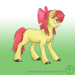 Size: 1000x1000 | Tagged: safe, artist:adalbertus, artist:php130, character:apple bloom, species:earth pony, species:pony, blank flank, bow, cheek fluff, chest fluff, collaboration, female, gradient background, hair bow, hooves, smiling, solo, tail, unshorn fetlocks