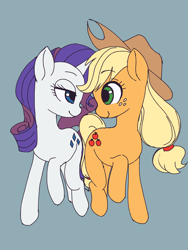 Size: 2448x3264 | Tagged: safe, artist:haibaratomoe, character:applejack, character:rarity, species:earth pony, species:pony, species:unicorn, ship:rarijack, bedroom eyes, cutie mark, eye contact, female, lesbian, lidded eyes, looking at each other, one hoof raised, shipping, smiling