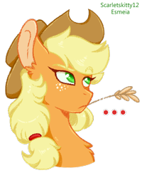 Size: 564x705 | Tagged: safe, artist:esmeia, artist:scarletskitty12, character:applejack, species:earth pony, species:pony, ..., applejack is not amused, bust, chest fluff, collaboration, ear fluff, female, freckles, mare, portrait, simple background, solo, straw in mouth, transparent background, unamused