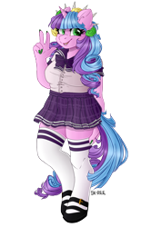 Size: 1024x1449 | Tagged: safe, artist:sk-ree, oc, oc only, oc:ivy lush, species:anthro, species:pony, species:unguligrade anthro, species:unicorn, anthro oc, clothing, female, flower, flower in hair, kneesocks, mare, mary janes, miniskirt, plaid skirt, pleated skirt, school uniform, shoes, simple background, skirt, socks, solo, thigh highs, transparent background, zettai ryouiki