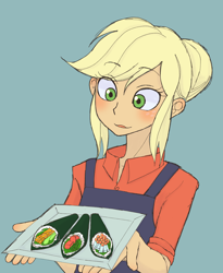 Size: 2448x2990 | Tagged: safe, artist:haibaratomoe, character:applejack, my little pony:equestria girls, alternate hairstyle, apron, clothing, cute, female, food, hatless, jackabetes, missing accessory, presenting, solo, sushi, sushi cone