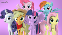 Size: 1920x1080 | Tagged: safe, artist:spinostud, character:applejack, character:fluttershy, character:pinkie pie, character:rainbow dash, character:rarity, character:twilight sparkle, character:twilight sparkle (alicorn), species:alicorn, species:earth pony, species:pegasus, species:pony, species:unicorn, 3d, female, group photo, source filmmaker