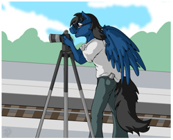 Size: 2948x2378 | Tagged: safe, artist:stormblaze-pegasus, oc, oc only, species:anthro, species:pony, camera, clothing, glasses, handsome, high res, male, open mouth, pants, solo, spread wings, stallion, train tracks, wings