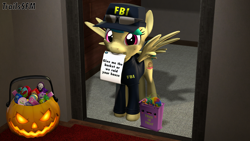 Size: 3840x2160 | Tagged: safe, artist:trailssfm, oc, oc:apogee, species:pegasus, species:pony, 3d, absurd resolution, clothing, costume, cute, fbi, fbi open up, female, filly, halloween, halloween costume, holiday, mouth hold, note, pumpkin, pumpkin bucket, solo, source filmmaker, spread wings, sunglasses, threat, trick or treat, trick or treating, uniform, wings