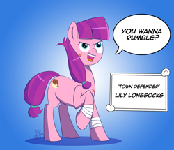 Size: 1227x1056 | Tagged: safe, artist:feralroku, derpibooru original, character:lily longsocks, species:pony, dialogue, gradient background, mlp fim's ninth anniversary, older, open mouth, raised hoof, scar, solo, speech bubble, sports tape