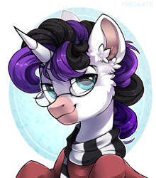 Size: 2200x2500 | Tagged: safe, artist:trickate, oc, oc:vynarity, species:pony, species:unicorn, bust, clothing, curly hair, glasses, looking at you, portrait, scarf, smug, solo