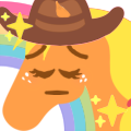 Size: 120x120 | Tagged: safe, artist:conphettey, character:applejack, species:earth pony, species:pony, applejack's hat, clothing, cowboy hat, emoji, eyes closed, female, freckles, hat, hoers, mare, pensive, rainbow, reaction image, simple background, solo, sparkles, stetson, transparent background