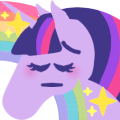Size: 120x120 | Tagged: safe, artist:conphettey, character:twilight sparkle, species:alicorn, species:pony, blushing, emoji, eyes closed, female, hoers, mare, pensive, rainbow, reaction image, simple background, solo, sparkles, transparent background