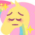 Size: 120x120 | Tagged: safe, artist:conphettey, character:fluttershy, species:pegasus, species:pony, blushing, emoji, eyes closed, female, hoers, mare, pensive, rainbow, reaction image, simple background, solo, sparkles, transparent background