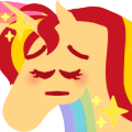 Size: 120x120 | Tagged: safe, artist:conphettey, character:sunset shimmer, species:pony, species:unicorn, blushing, emoji, eyes closed, female, hoers, mare, pensive, rainbow, reaction image, simple background, solo, sparkles, transparent background