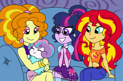 Size: 1240x818 | Tagged: safe, artist:purfectprincessgirl, character:adagio dazzle, character:princess flurry heart, character:sunset shimmer, character:twilight sparkle, character:twilight sparkle (scitwi), species:eqg human, my little pony:equestria girls, adoragio, baby, commission, cute, equestria girls-ified, flurrybetes, hug, shimmerbetes, smiling, twiabetes