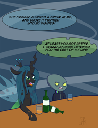 Size: 1500x1950 | Tagged: safe, artist:feralroku, character:queen chrysalis, episode:the ending of the end, g4, my little pony: friendship is magic, alcohol, bar, bottle, crossover, dialogue, final space, glass, lord commander (final space), speech bubble