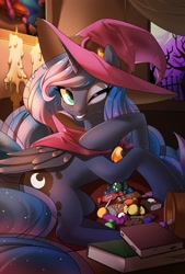 Size: 1440x2136 | Tagged: safe, artist:renokim, character:princess luna, species:alicorn, species:pony, book, candle, candy, clothing, female, food, halloween, hat, holiday, korean, looking at you, mare, one eye closed, smiling, solo, wink, witch costume, witch hat