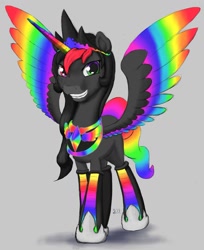 Size: 1117x1369 | Tagged: safe, artist:stillwaterspony, oc, oc only, oc:still waters, species:pony, alicorn costume, boots, clothing, colored horn, colored wings, costume, grin, heterochromia, hoof shoes, horn, jewelry, male, multicolored hair, multicolored wings, nightmare night costume, prosthetic horn, prosthetics, rainbow wings, regalia, shoes, smiling, solo, spread wings, tiara, two toned mane, wings
