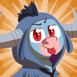 Size: 850x850 | Tagged: safe, artist:alittleofsomething, character:iron will, oc, oc:quick draw, species:minotaur, species:pony, clothing, costume, facial hair, fangs, goatee, kigurumi, makeup, male, necktie, solo, sunburst background, tongue out, vampire, vampony, ych result