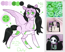 Size: 1020x828 | Tagged: safe, artist:jellybeanbullet, oc, oc only, oc:dolly (doll), species:pegasus, species:pony, button, doll, doll pony, female, lipstick, mare, moodboard, needle, original species, pin, raised hoof, reference sheet, simple background, solo, stitches, toy, unshorn fetlocks, white background, wingding eyes