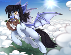 Size: 2600x2000 | Tagged: safe, artist:trickate, oc, oc only, oc:mitzy, species:bat pony, species:pony, basket, bat pony oc, black hair, black mane, black tail, cloud, fangs, female, flying, fruit, happy, high res, mare, signature, sky, solo, spread wings, sun, wings