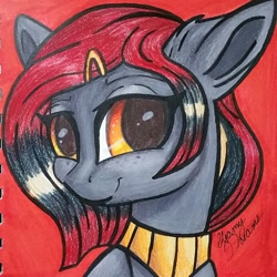 Size: 1477x1477 | Tagged: safe, artist:gleamydreams, oc, oc only, oc:serpentine, species:earth pony, species:pony, female, freckles, hairclip, jewelry, looking at you, mare, necklace, orange eyes, red hair, smiling, smiling at you, solo, traditional art