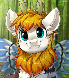 Size: 2300x2600 | Tagged: safe, artist:trickate, oc, oc only, species:draconequus, bust, cute, fangs, forest, horn, looking at you, owo, portrait, smiling, solo, wings