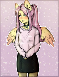 Size: 2000x2600 | Tagged: safe, artist:zefirka, character:fluttershy, species:anthro, species:pegasus, species:pony, ambiguous facial structure, clothing, digital art, female, mare, ponytail, smiling, solo