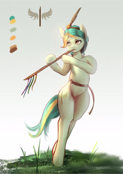 Size: 2480x3508 | Tagged: safe, artist:aidelank, oc, oc:spring lanna, species:earth pony, species:pony, bipedal, feather, feather in hair, female, flute, grass, mare, musical instrument