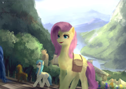 Size: 3508x2480 | Tagged: safe, artist:aidelank, character:fluttershy, oc, species:earth pony, species:pegasus, species:pony, crowd, female, lake, mare, mountain, saddle bag
