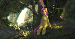 Size: 5114x2646 | Tagged: safe, artist:aidelank, character:fluttershy, species:pegasus, species:pony, bush, butterfly, female, flower, forest, grass, log, mare, moss, scenery, semi-anthro, sitting, tree, vine