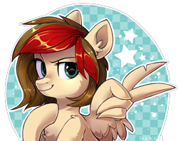 Size: 2727x2164 | Tagged: safe, artist:trickate, oc, oc only, species:pegasus, species:pony, bust, female, hoof on chest, mare, peace sign, portrait, smiling, solo, wing hands, wings