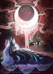 Size: 1068x1511 | Tagged: safe, artist:begasus, character:nightmare moon, character:princess luna, character:queen chrysalis, species:alicorn, species:changeling, species:pony, changeling queen, crescent moon, duo, female, mare, moon, sideways crescent moon