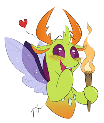 Size: 2249x2664 | Tagged: safe, artist:fakskis, character:thorax, species:changeling, species:reformed changeling, 30 minute art challenge, behaving like a moth, blushing, bugs doing bug things, cute, excited, fire, happy, heart, high res, male, signature, simple background, solo, this will end in pain, this will end in tears, thorabetes, torch, white background