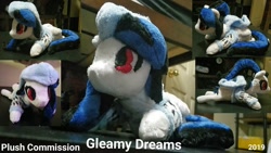 Size: 1192x670 | Tagged: safe, artist:gleamydreams, oc, oc only, species:pegasus, species:pony, blue and black, clothing, commission, compilation, hoodie, photo, plushie, ponytail, prone, red eyes