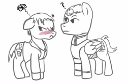 Size: 1024x676 | Tagged: safe, artist:wolftendragon, species:earth pony, species:pegasus, species:pony, android, black and white, blushing, crossover, detroit: become human, embarrassed, gavin reed, gay, grayscale, male, monochrome, nines, ponified, rk900, robot, simple background, stallion, tsundere, video game, white background