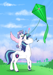 Size: 2500x3500 | Tagged: safe, artist:jackiebloom, character:princess flurry heart, character:shining armor, species:alicorn, species:pony, species:unicorn, cute, duo, father and daughter, female, filly, flurrybetes, high res, kite, magic, male, mouth hold, music notes, stallion, telekinesis, whistling