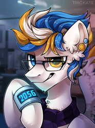 Size: 2000x2700 | Tagged: safe, artist:trickate, oc, oc only, oc:alan techard, species:pegasus, species:pony, bust, clothing, ear piercing, glasses, looking at you, male, piercing, portrait, scarf, smiling, smiling at you, smirk, solo, stallion, wings