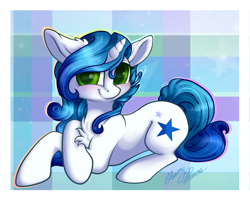 Size: 1892x1515 | Tagged: safe, artist:gleamydreams, oc, oc only, oc:gleamy, species:pony, species:unicorn, blushing, chest fluff, curly hair, female, forelegs crossed, green eyes, looking at you, lying down, mare, plaid, prone, signature, simple background, smiling, smiling at you, solo
