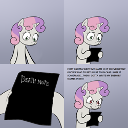 Size: 1024x1024 | Tagged: safe, artist:lemondevil, edit, character:sweetie belle, species:pony, death note, exploitable meme, meme, obligatory pony, sweetie fail, sweetie's note meme, sweetiedumb, this will end in death