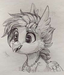 Size: 2160x2537 | Tagged: safe, artist:trickate, oc, oc only, species:hippogriff, blushing, bust, jewelry, monochrome, necklace, portrait, solo, surprised, traditional art
