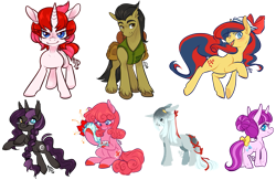 Size: 1381x900 | Tagged: safe, artist:clovercoin, oc, species:earth pony, species:pony, species:unicorn, bouquet, bow, clothing, flower, hat, ribbon, saddle bag, sailor hat