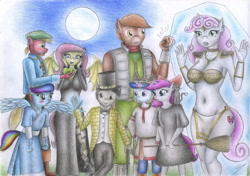 Size: 2333x1640 | Tagged: safe, artist:sinaherib, character:big mcintosh, character:button mash, character:discord, character:flutterbat, character:fluttershy, character:sweetie belle, oc, oc:amber earring, oc:rainfall, oc:starlight ray, oc:sunstone, parent:cheese sandwich, parent:fancypants, parent:flash sentry, parent:pinkie pie, parent:rainbow dash, parent:rarity, parent:soarin', parent:twilight sparkle, parents:cheesepie, parents:flashlight, parents:raripants, parents:soarindash, species:anthro, species:bat pony, species:earth pony, species:pegasus, species:pony, species:unicorn, ship:fluttermac, apple, avatar the last airbender, bat ponified, belly button, bill cipher, breasts, busty fluttershy, busty sweetie belle, cane, cat, clothing, colt, costume, cutie mark, female, filly, flutterbat costume, food, fox mccloud, full moon, gravity falls, hat, katara, kiki, kiki's delivery service, krystal, male, moon, nightmare night costume, offspring, older, older button mash, older sweetie belle, pirate costume, race swap, shipping, star fox, story included, straight, sweetiemash, the cmc's cutie marks, top hat, traditional art