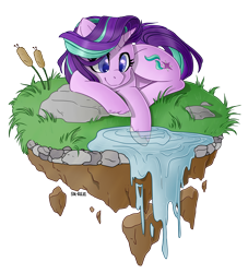 Size: 1024x1128 | Tagged: safe, artist:sk-ree, character:starlight glimmer, species:pony, species:unicorn, g4, cute, dirt cube, female, floating island, glimmerbetes, lying down, mare, prone, simple background, smiling, solo, transparent background, unshorn fetlocks, water
